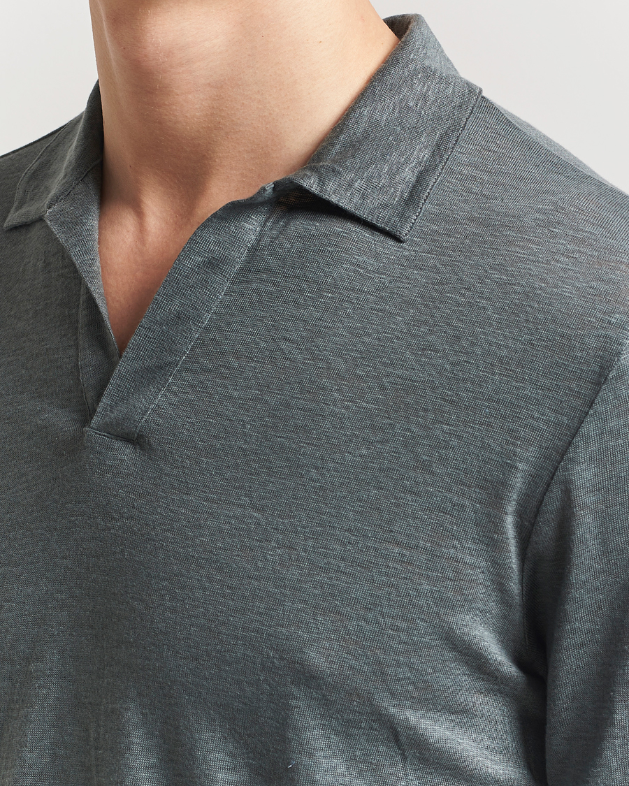 Herre | Gensere | Gran Sasso | Washed Linen Long Sleeve Polo Green Melange