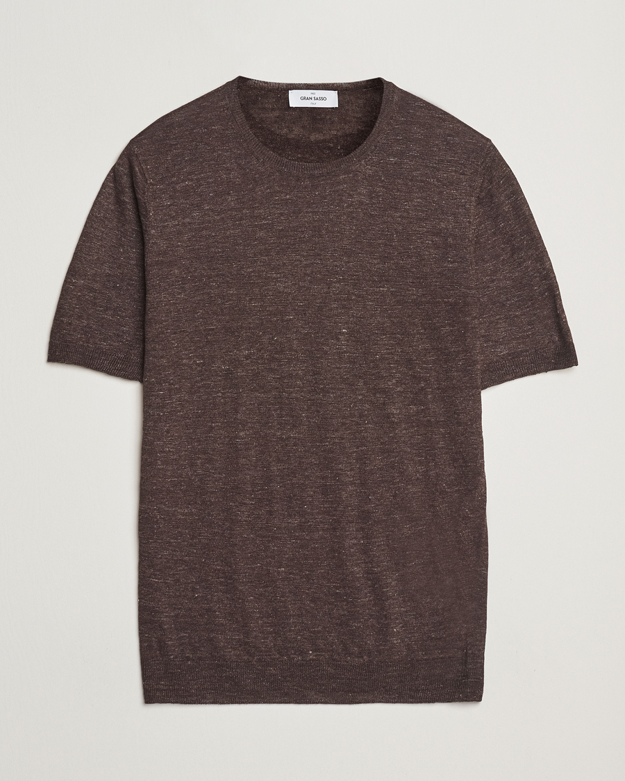 Herre | T-Shirts | Gran Sasso | Knitted Linen T-Shirt Dark Brown Melange