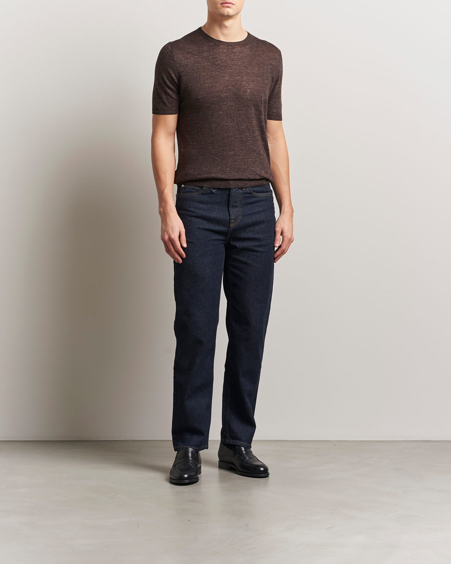 Herre | T-Shirts | Gran Sasso | Knitted Linen T-Shirt Dark Brown Melange