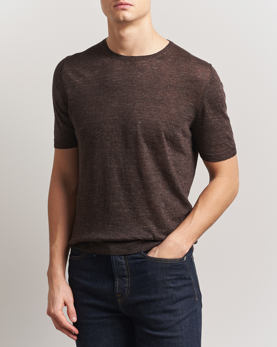 Herre | T-Shirts | Gran Sasso | Knitted Linen T-Shirt Dark Brown Melange