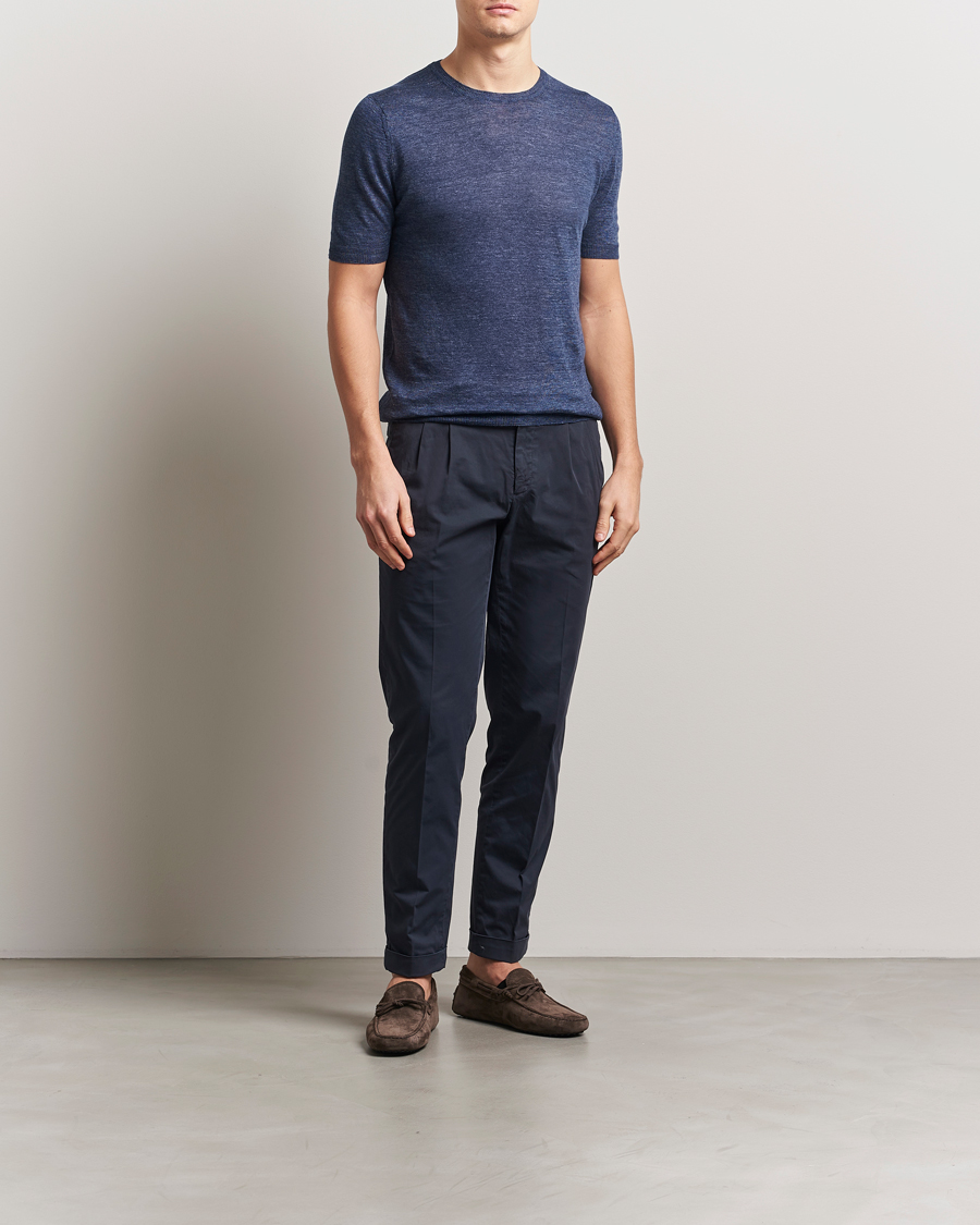 Herre | T-Shirts | Gran Sasso | Knitted Linen T-Shirt Navy Melange