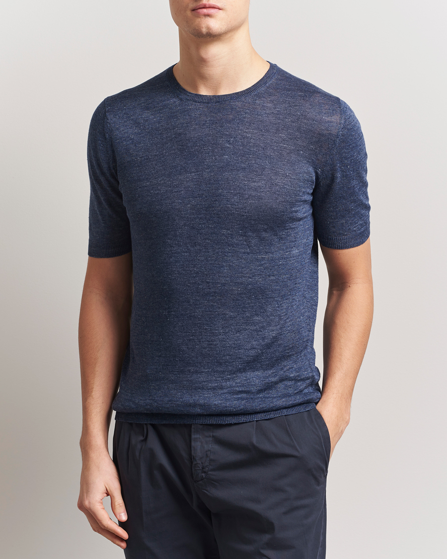 Herre | T-Shirts | Gran Sasso | Knitted Linen T-Shirt Navy Melange