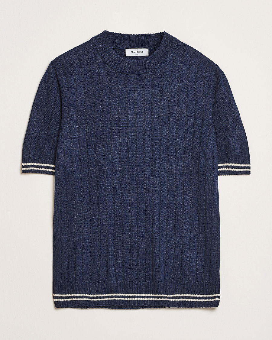 Herre | T-Shirts | Gran Sasso | Linen/Cotton Structured T-Shirt Navy