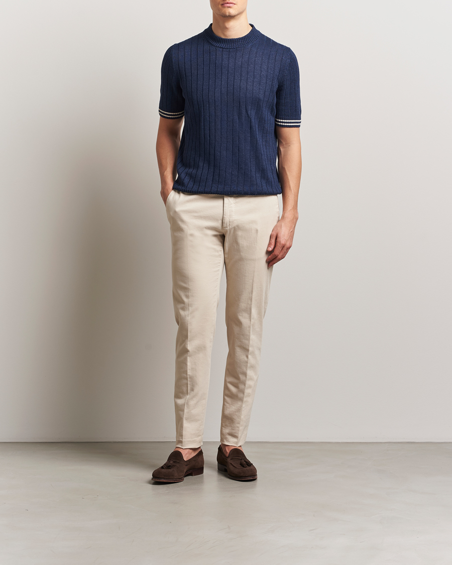 Herre | T-Shirts | Gran Sasso | Linen/Cotton Structured T-Shirt Navy