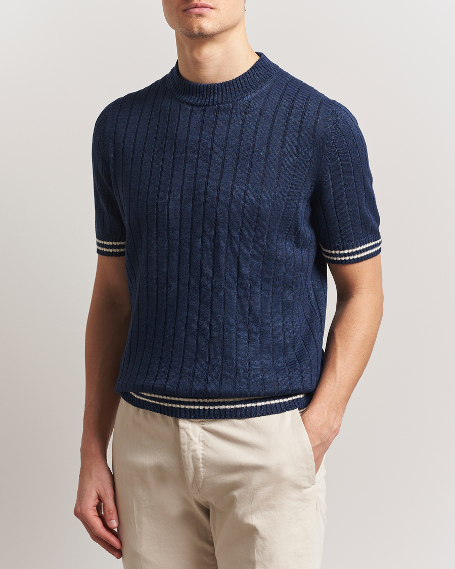 Herre | T-Shirts | Gran Sasso | Linen/Cotton Structured T-Shirt Navy