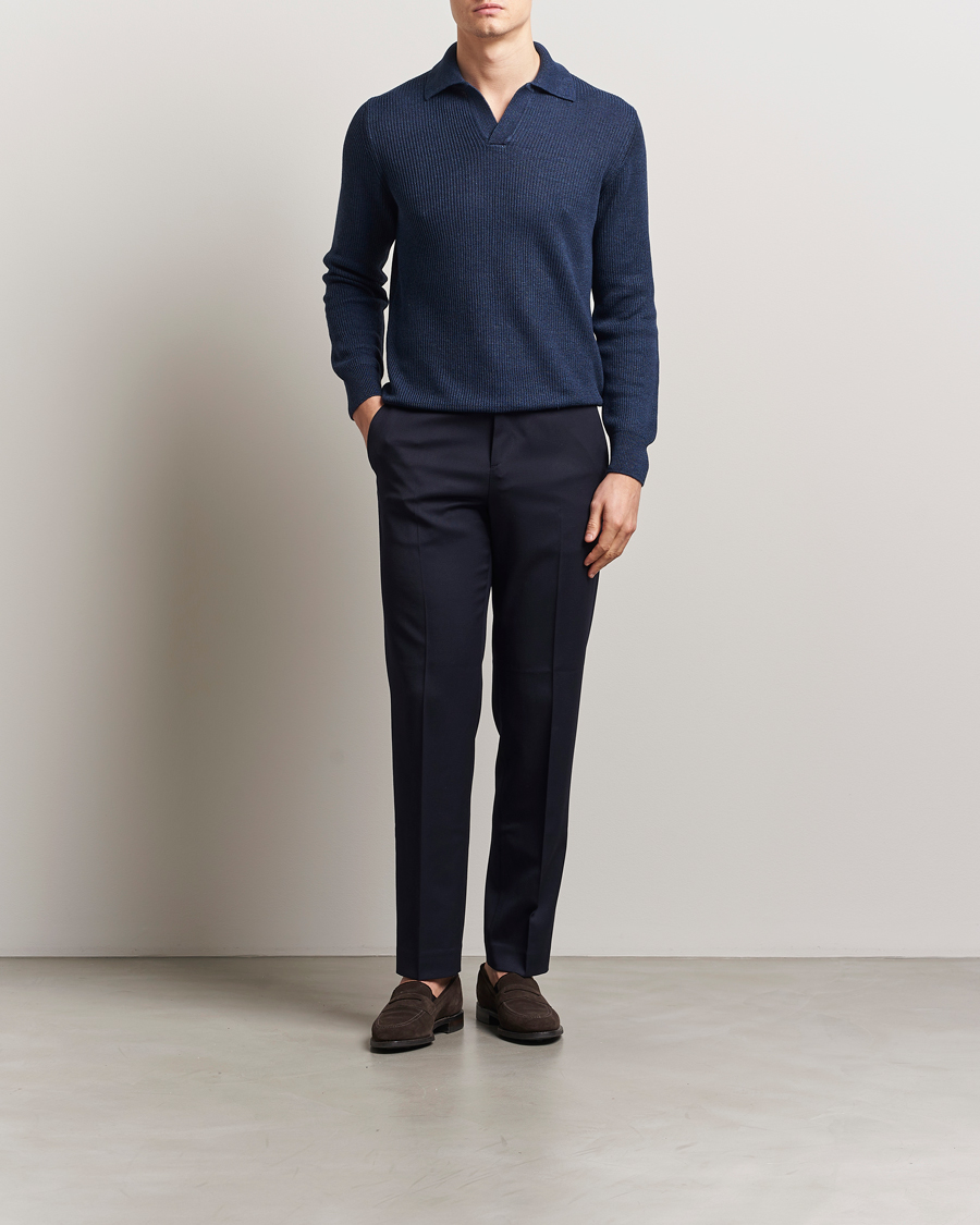 Herre | Gensere | Gran Sasso | Linen/Cotton Open Collar Knitted Polo Navy Melange
