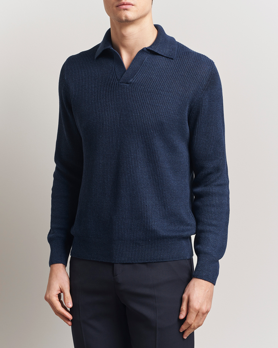Herre | Gensere | Gran Sasso | Linen/Cotton Open Collar Knitted Polo Navy Melange