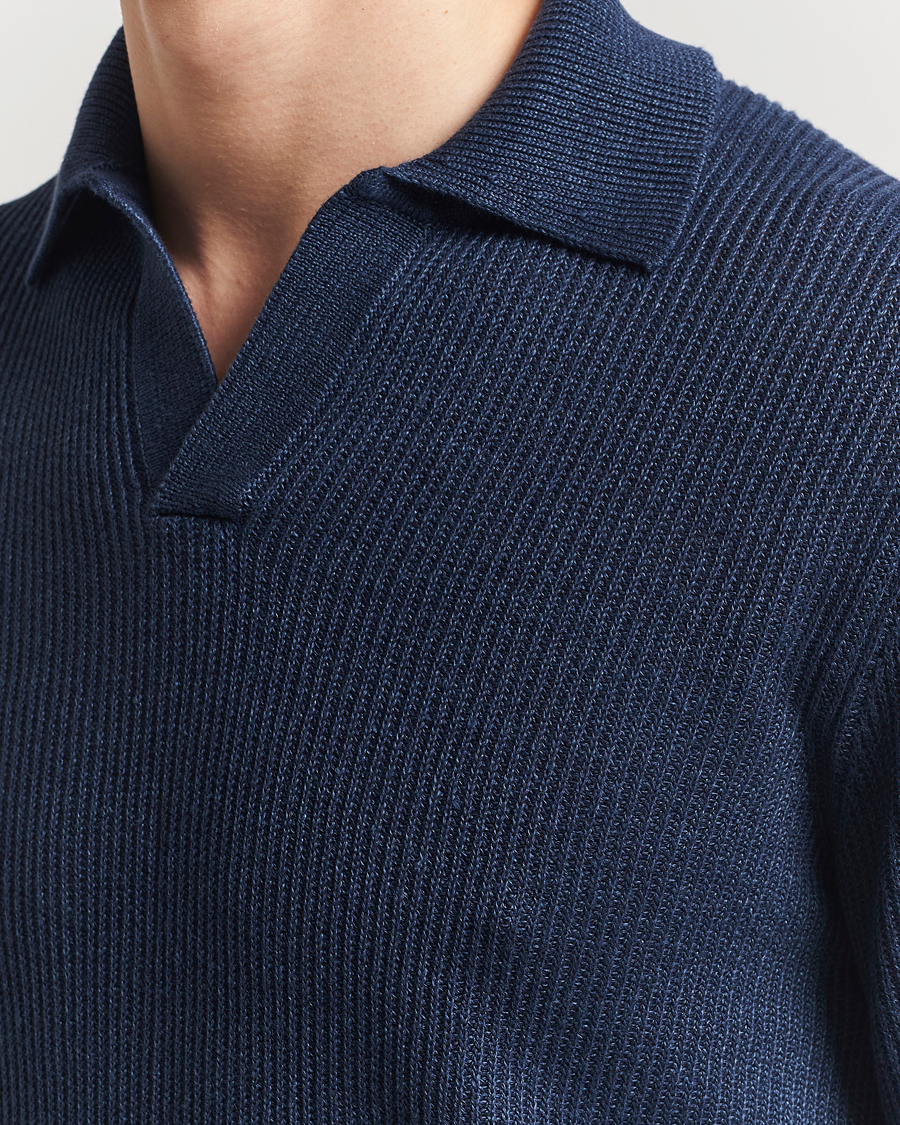 Herre | Gensere | Gran Sasso | Linen/Cotton Open Collar Knitted Polo Navy Melange