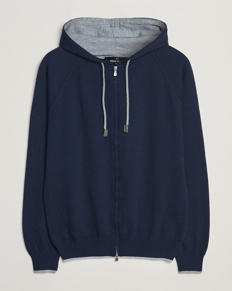 Herre | Gensere | Gran Sasso | Cotton/Cashmere Knitted Hooded Full Zip Navy