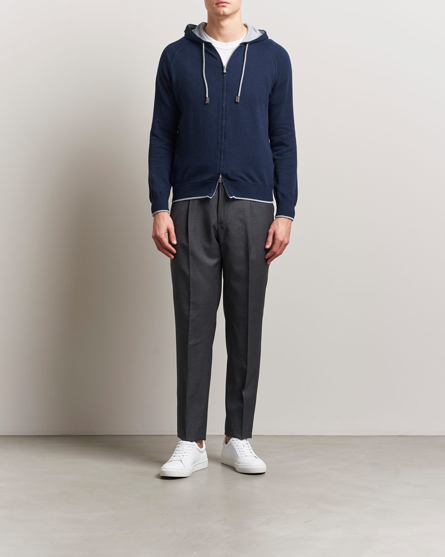 Herre | Gensere | Gran Sasso | Cotton/Cashmere Knitted Hooded Full Zip Navy