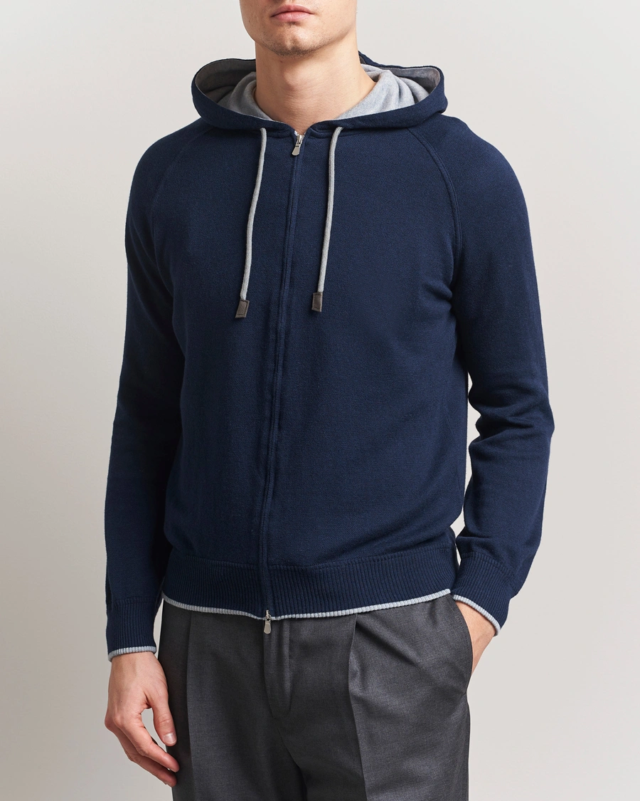 Herre | Gensere | Gran Sasso | Cotton/Cashmere Knitted Hooded Full Zip Navy