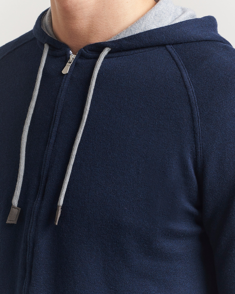 Herre | Gensere | Gran Sasso | Cotton/Cashmere Knitted Hooded Full Zip Navy