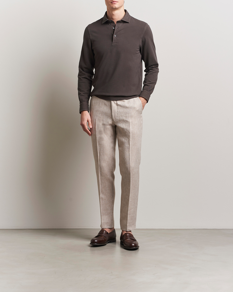 Herre | Gensere | Gran Sasso | Washed Long Sleeve Polo Dark Brown