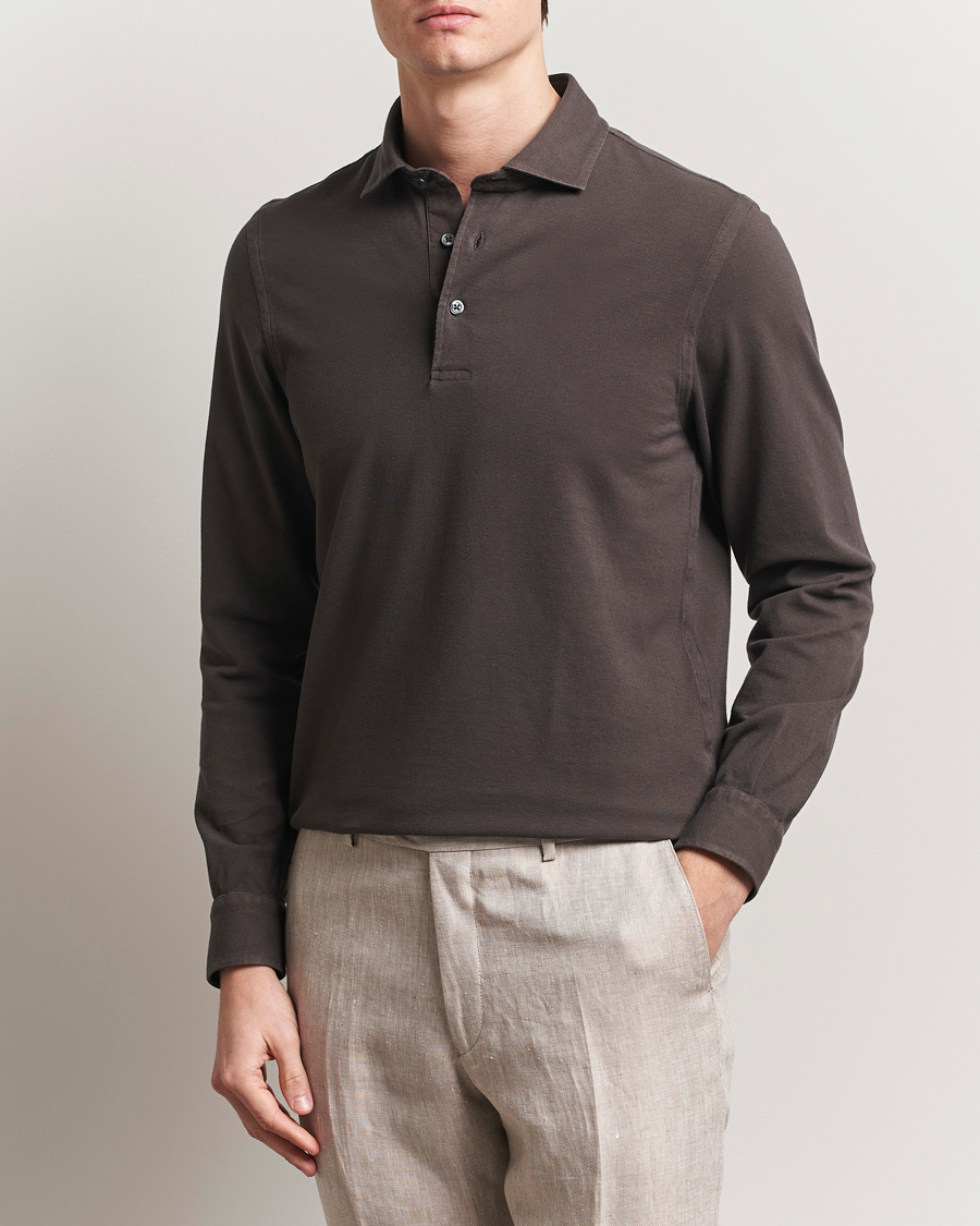 Herre | Gensere | Gran Sasso | Washed Long Sleeve Polo Dark Brown
