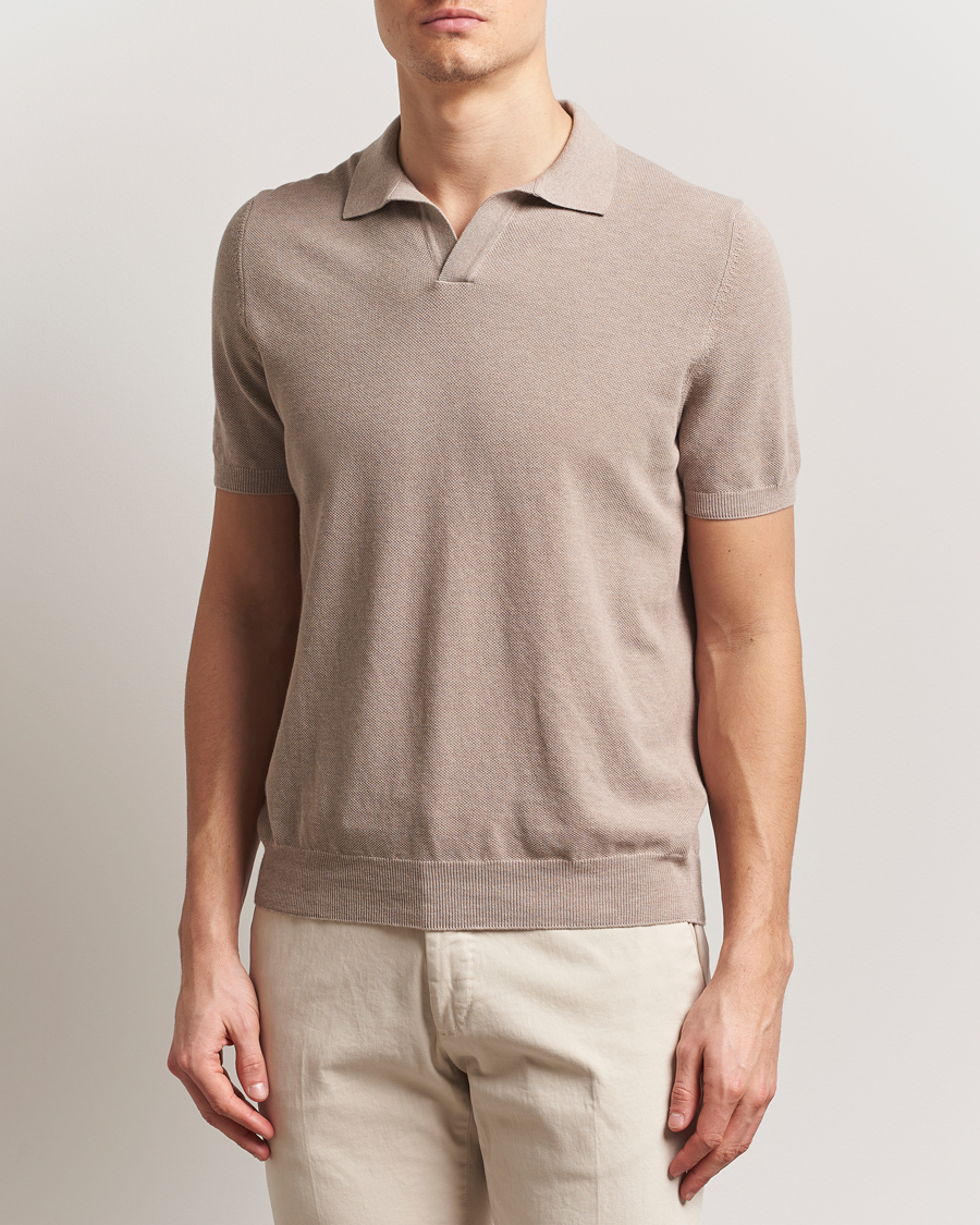 Herre | Pikéer | Gran Sasso | Cotton Structured Knitted Open Collar Polo Beige