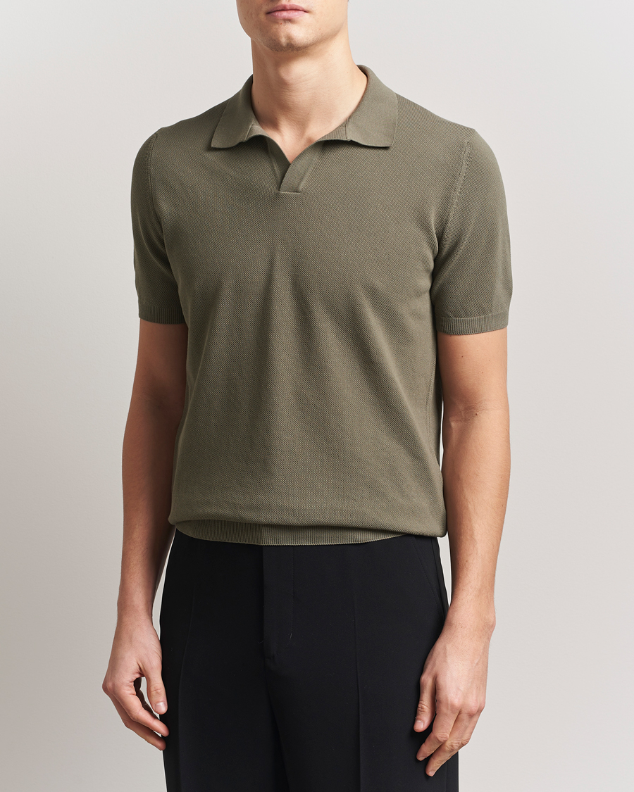 Herre | Pikéer | Gran Sasso | Cotton Structured Knitted Open Collar Polo Olive