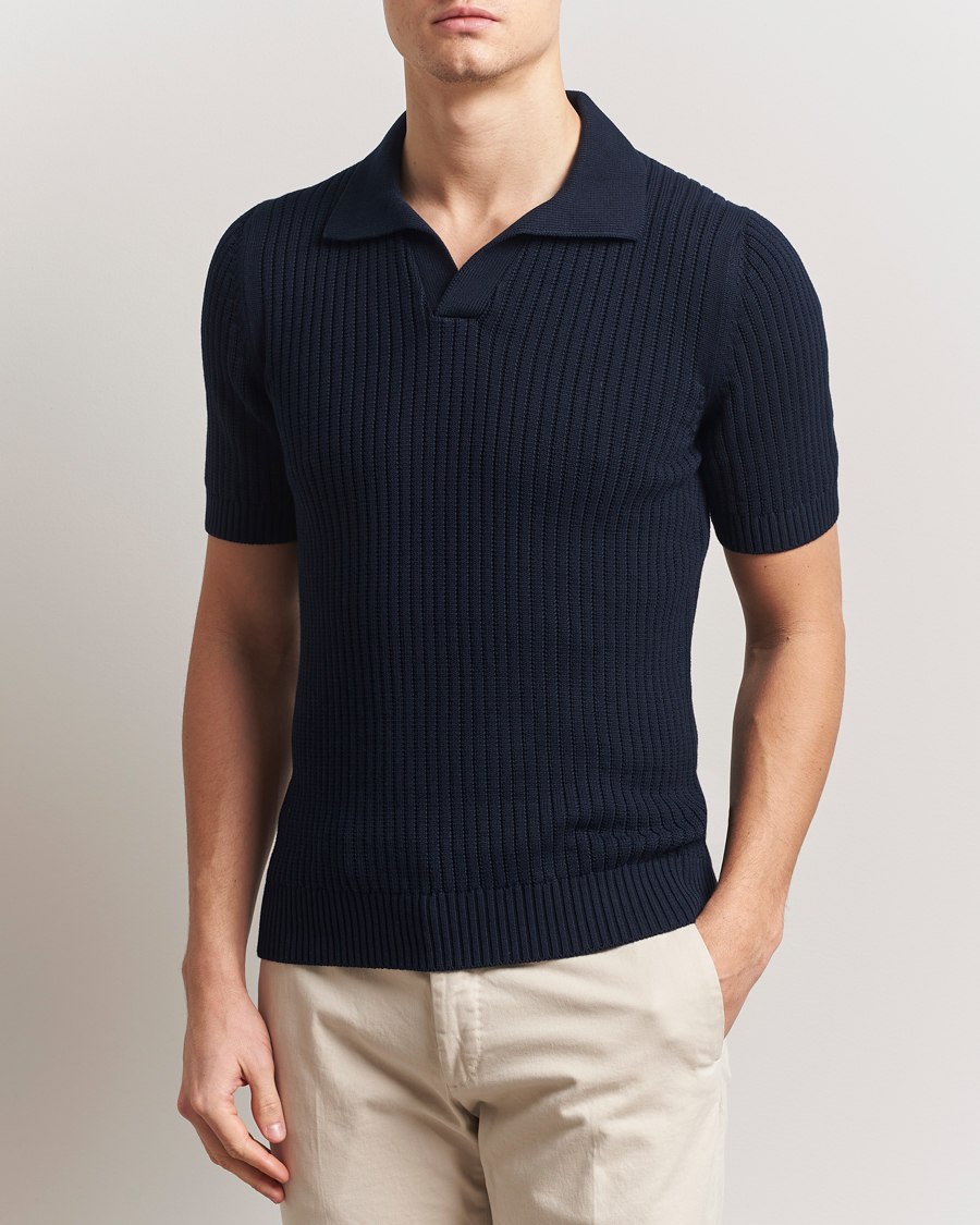 Herre | Pikéer | Gran Sasso | Cotton Heavy Knitted Open Collar Polo Navy