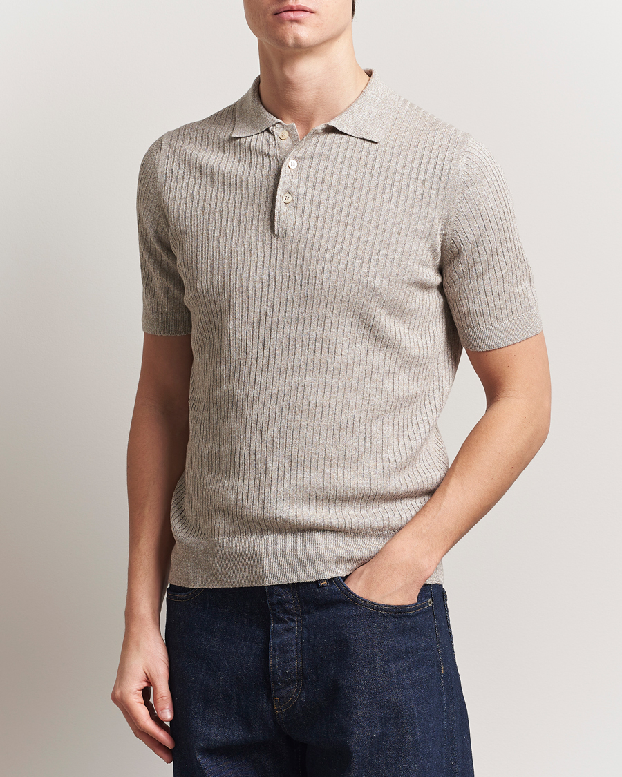Herre | Pikéer | Gran Sasso | Linen/Cotton Structured Knitted Polo Beige Melange