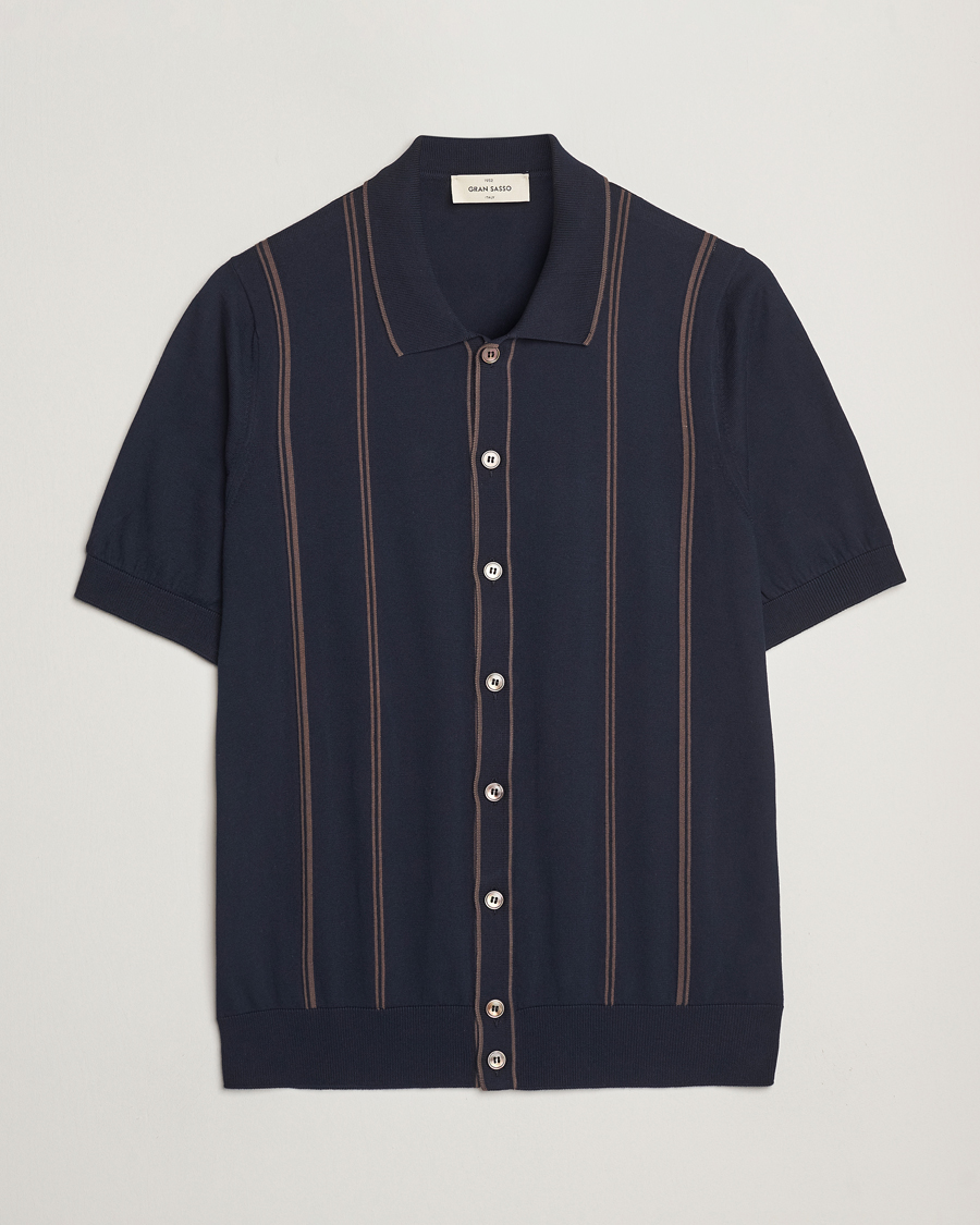Herre | Skjorter | Gran Sasso | Cotton Knitted Striped Short Sleeve Shirt Navy
