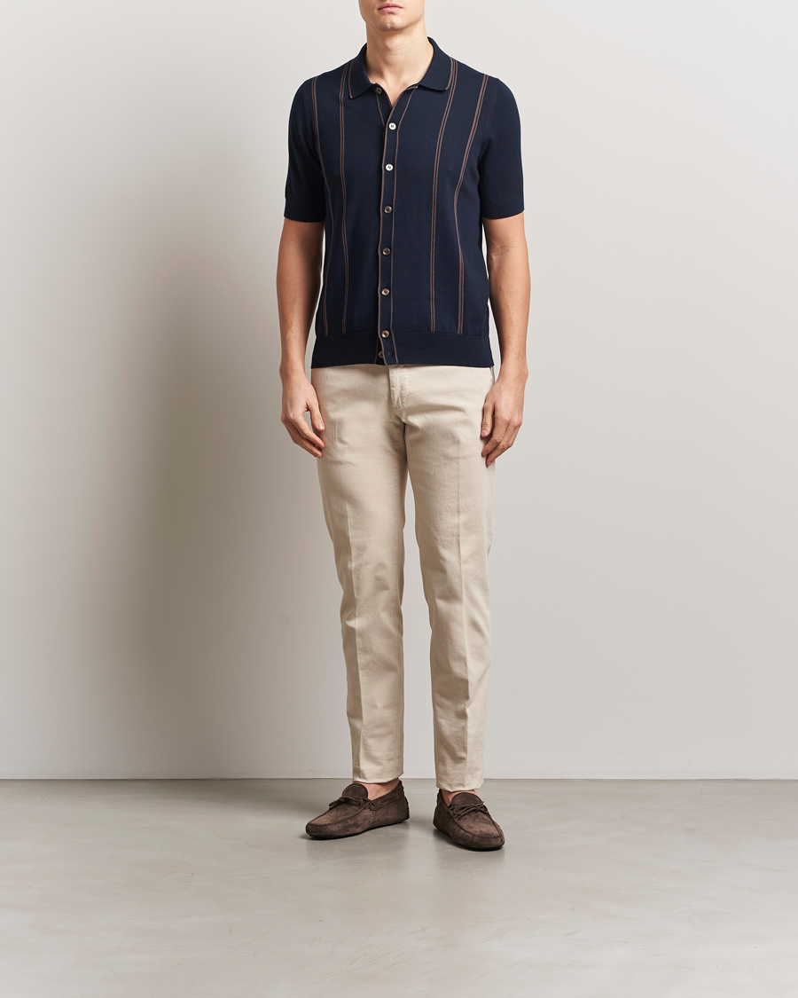 Herre | Skjorter | Gran Sasso | Cotton Knitted Striped Short Sleeve Shirt Navy