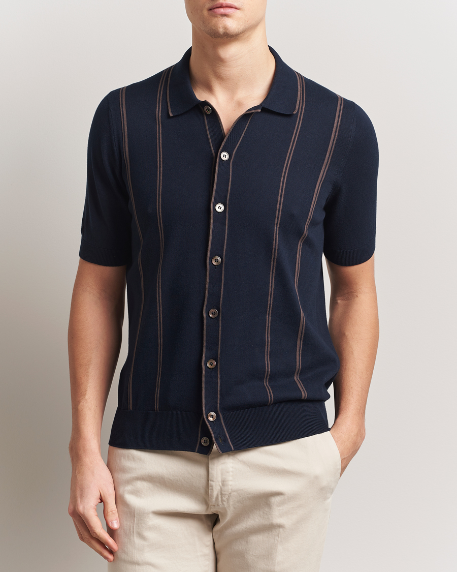 Herre | Skjorter | Gran Sasso | Cotton Knitted Striped Short Sleeve Shirt Navy