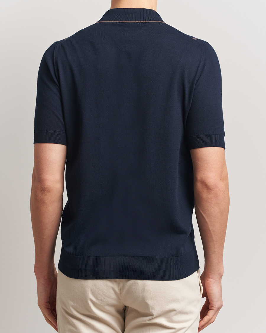 Herre | Skjorter | Gran Sasso | Cotton Knitted Striped Short Sleeve Shirt Navy