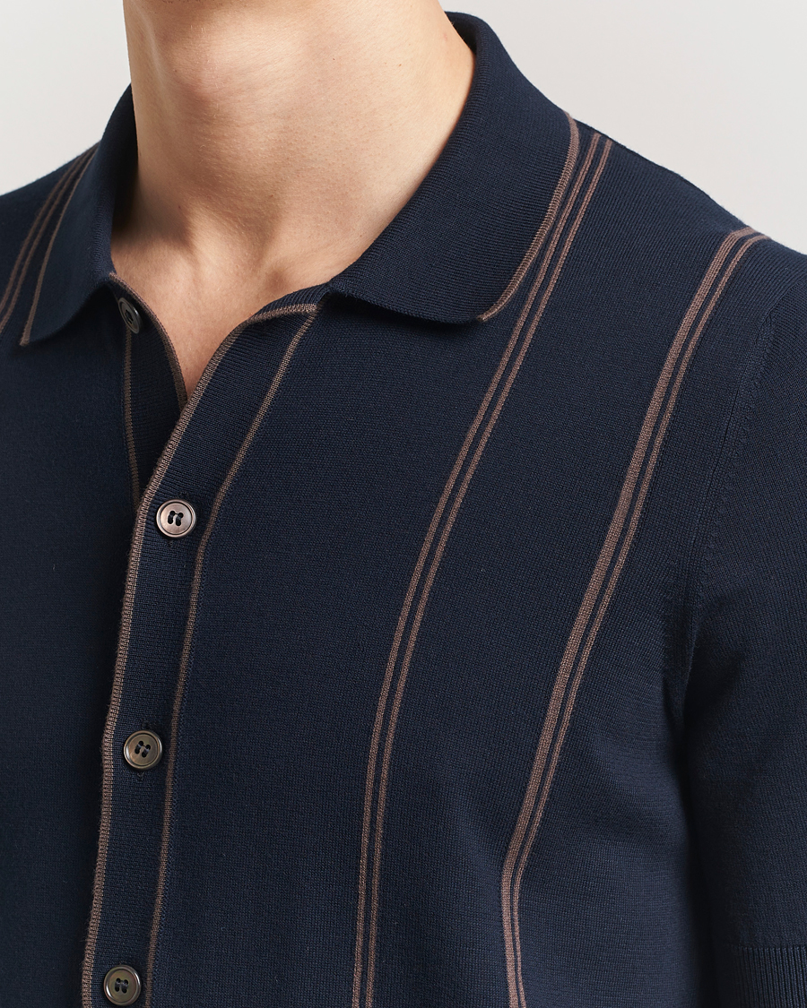 Herre | Skjorter | Gran Sasso | Cotton Knitted Striped Short Sleeve Shirt Navy