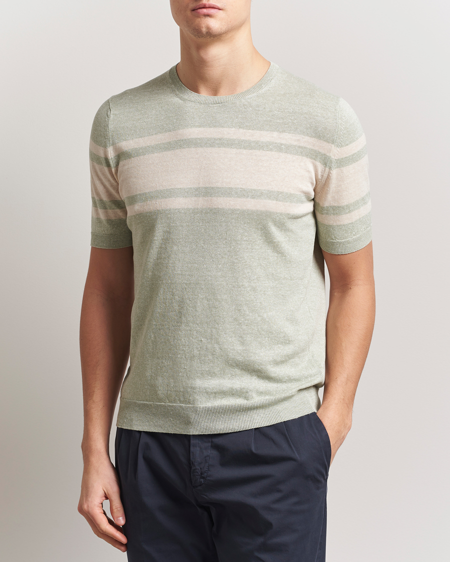 Herre | T-Shirts | Gran Sasso | Linen/Cotton Striped Crew Neck T-Shirt Light Green