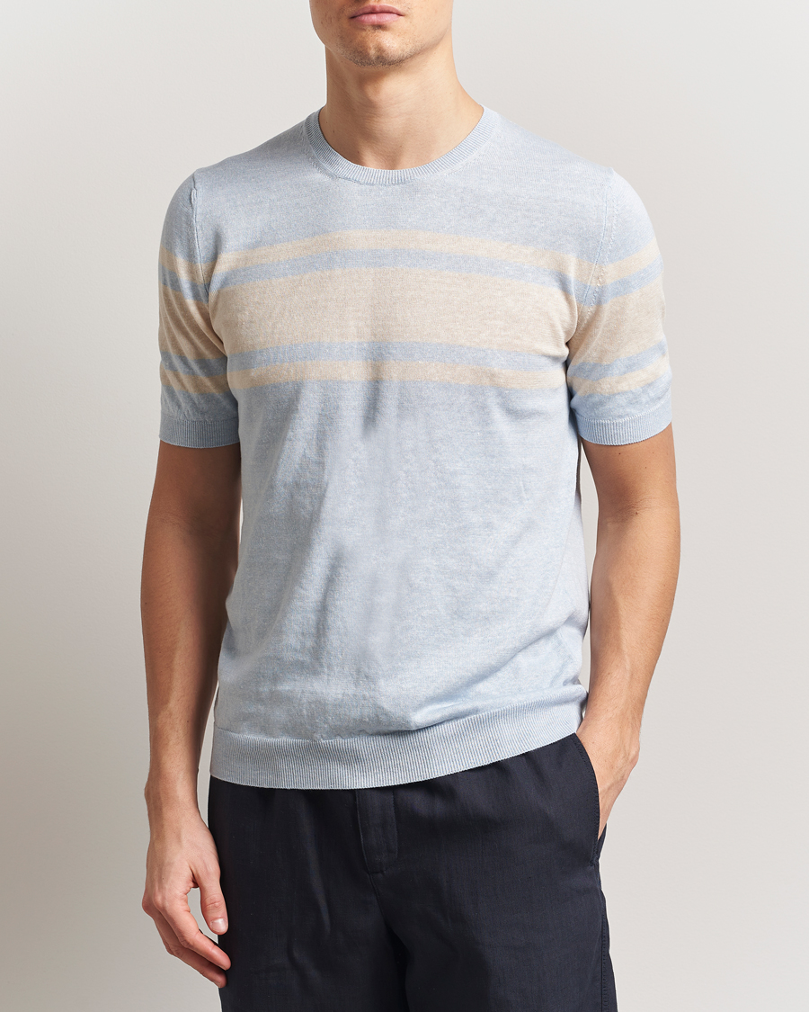 Herre | T-Shirts | Gran Sasso | Linen/Cotton Striped Crew Neck T-Shirt Light Blue