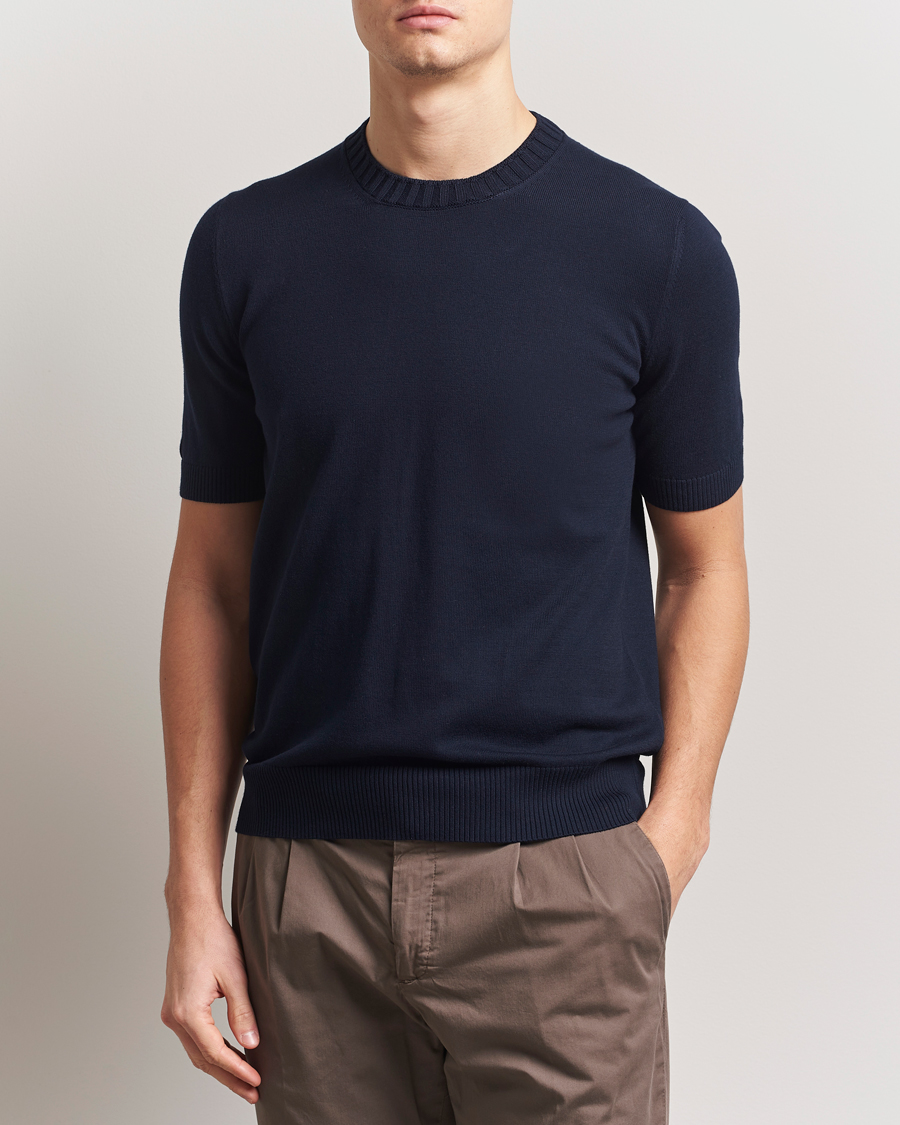 Herre | T-Shirts | Gran Sasso | Cotton Heavy Knitted Crew Neck T-Shirt Navy