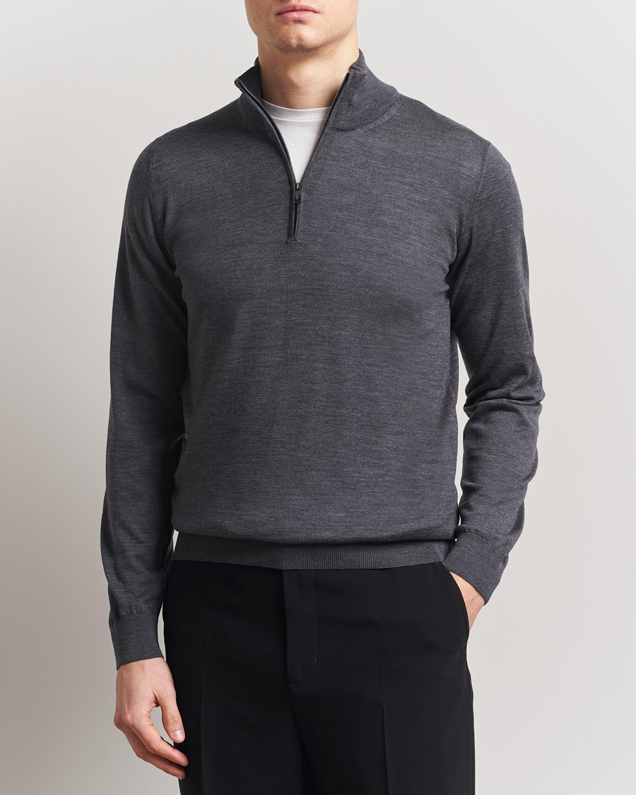 Herre | Gensere | Piacenza Cashmere | Merino Wool Crew Neck Half Zip Charcoal