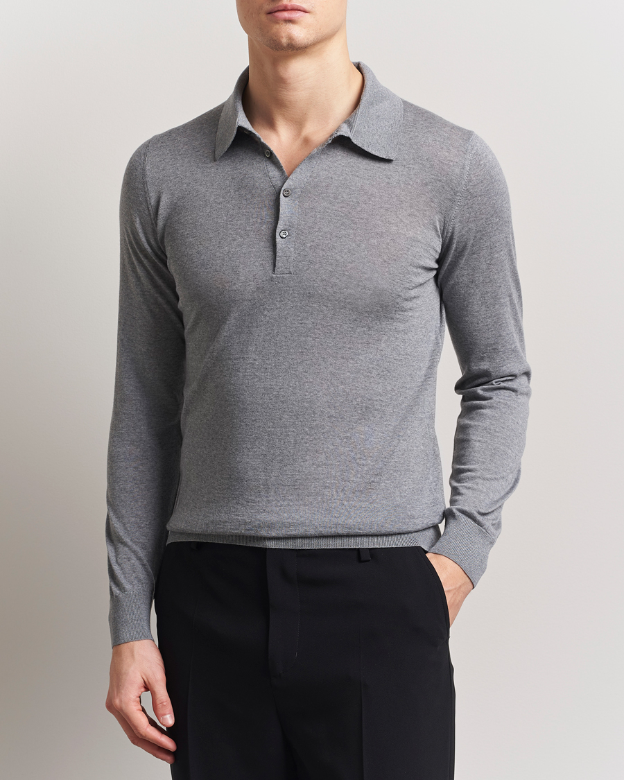 Herre | Gensere | Piacenza Cashmere | Merino Wool Long Sleeve Polo Light Grey