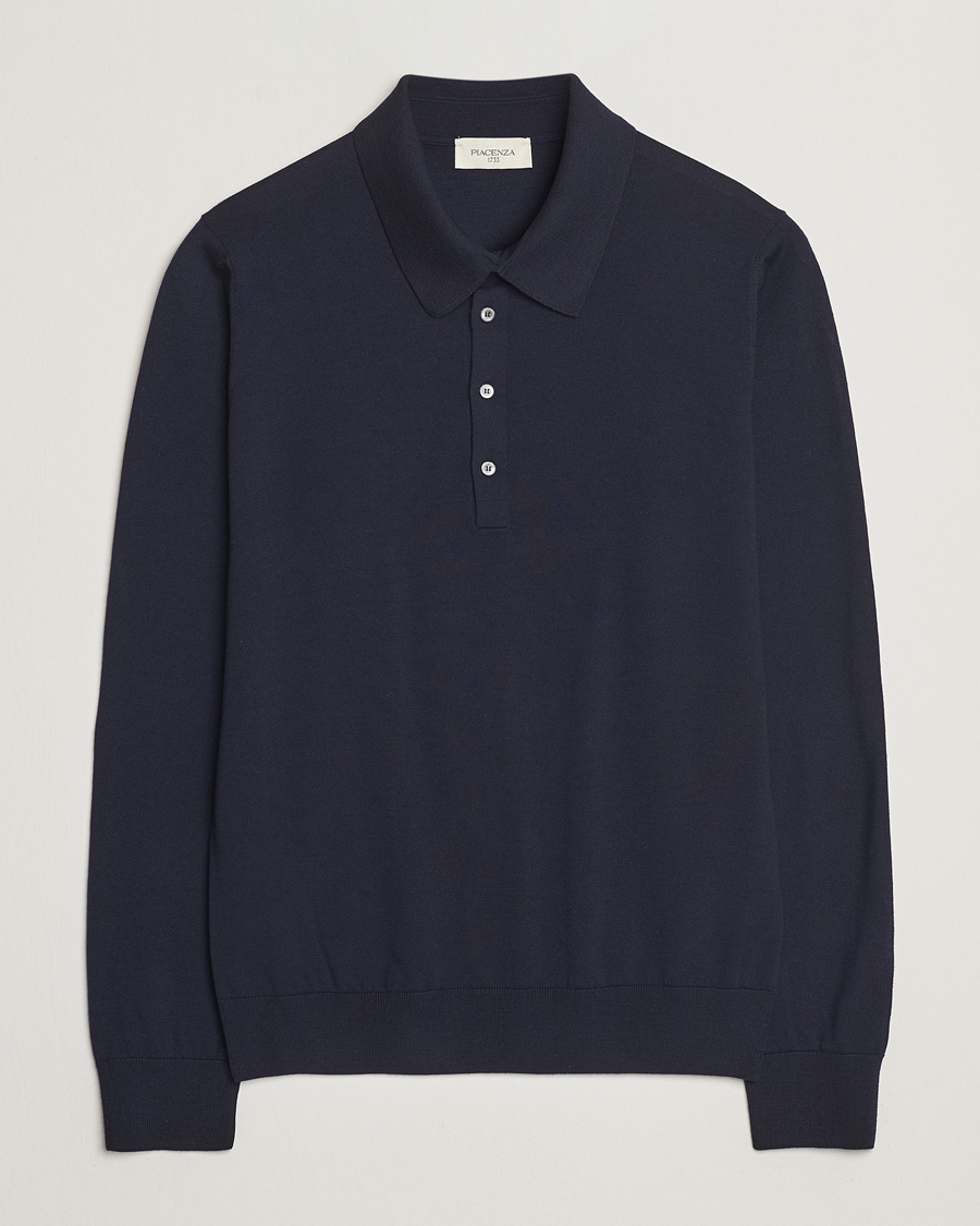 Herre | Gensere | Piacenza Cashmere | Merino Wool Long Sleeve Polo Navy