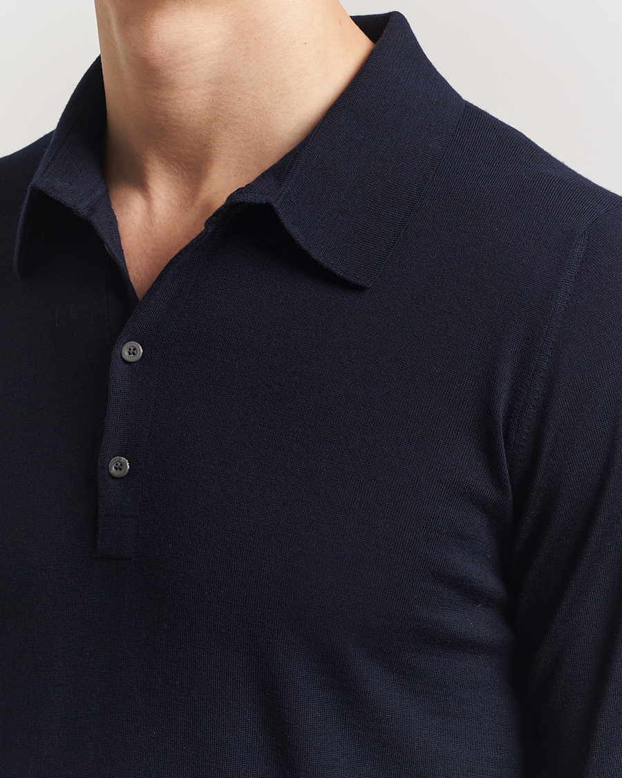 Herre | Gensere | Piacenza Cashmere | Merino Wool Long Sleeve Polo Navy