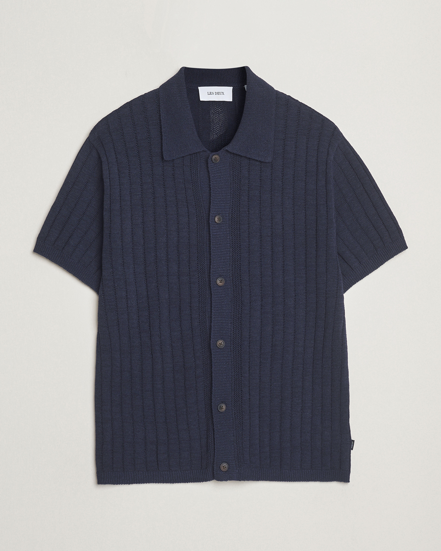 Herre | Skjorter | LES DEUX | Floyd Knitted Linen Short Sleeve Shirt Dark Navy
