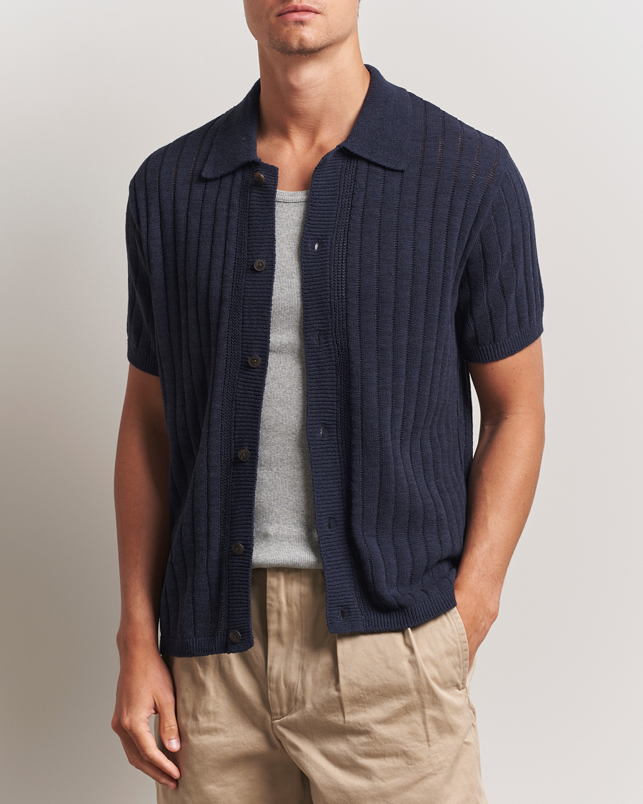 Herre | Skjorter | LES DEUX | Floyd Knitted Linen Short Sleeve Shirt Dark Navy