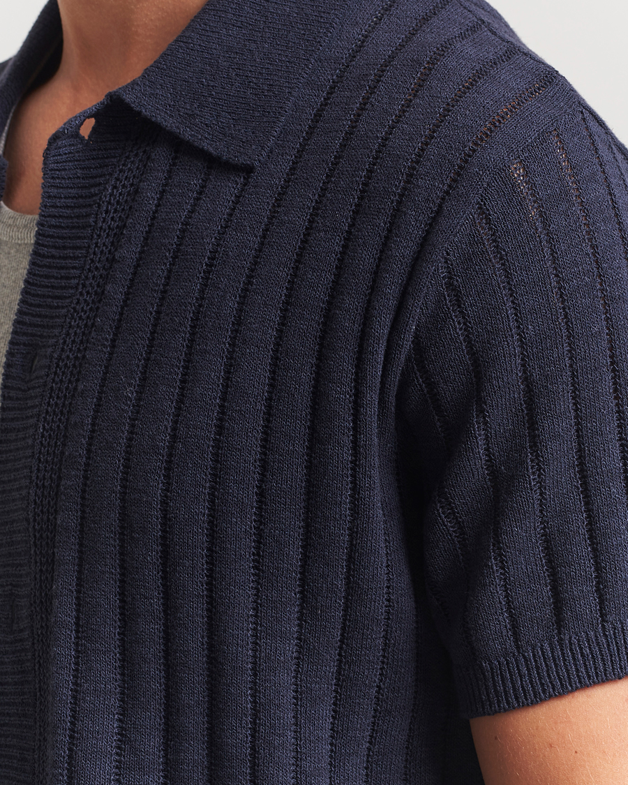 Herre | Skjorter | LES DEUX | Floyd Knitted Linen Short Sleeve Shirt Dark Navy
