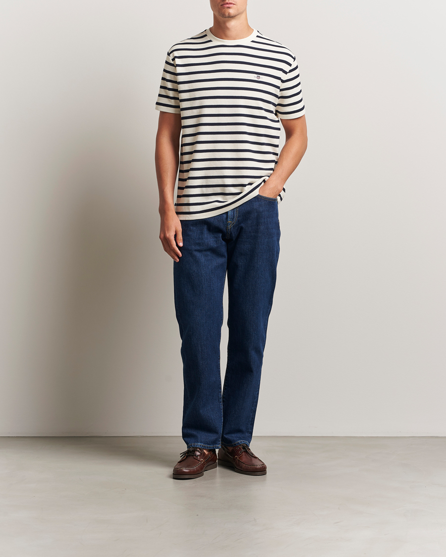 Herre | T-Shirts | GANT | Waffle Textured Striped T-Shirt Cream