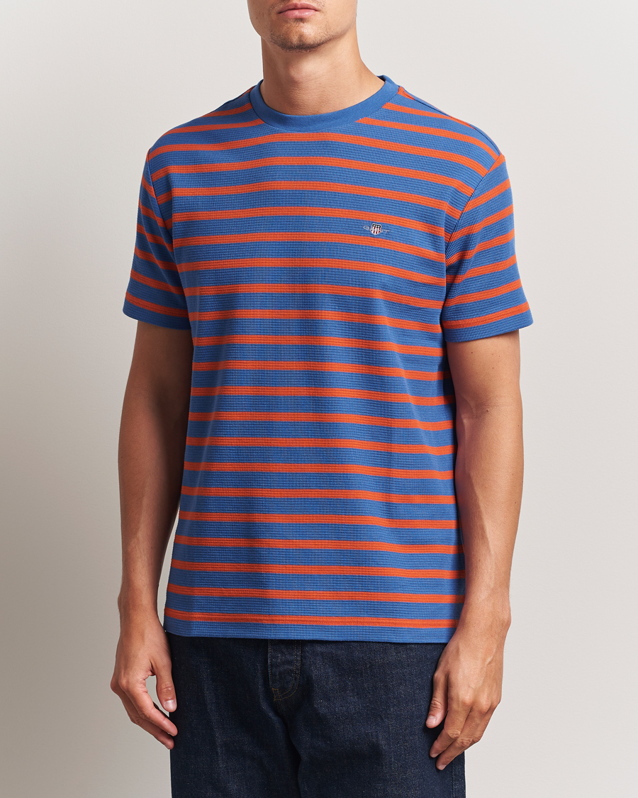 Herre | T-Shirts | GANT | Waffle Textured Striped T-Shirt Rich Blue