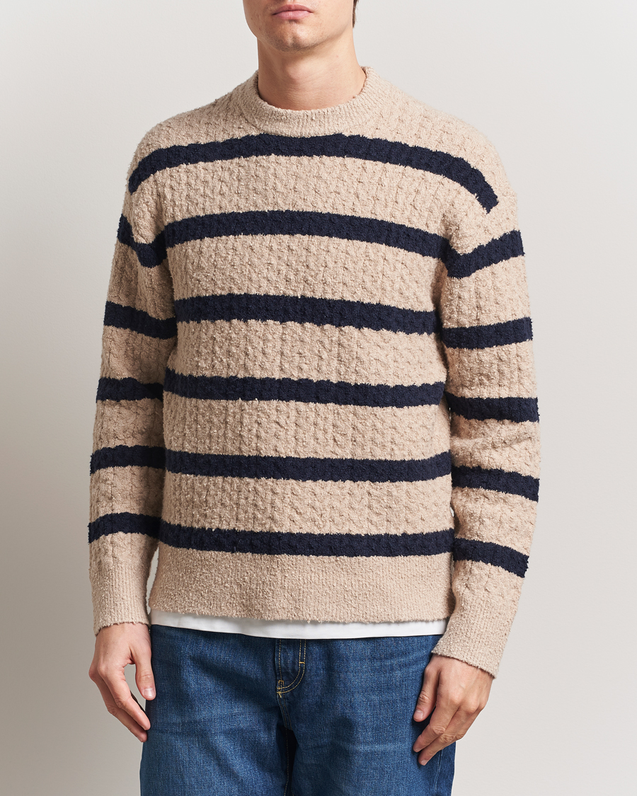 Herre | Gensere | Filippa K | Bouclé Knitted Striped Sweater Light Khaki/Navy