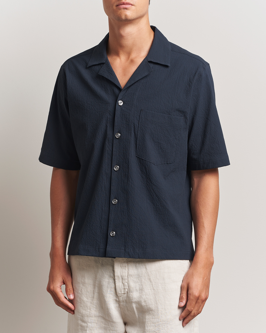 Herre | Skjorter | Oscar Jacobson | Reg Fit Cuba Seersucker Shirt Navy