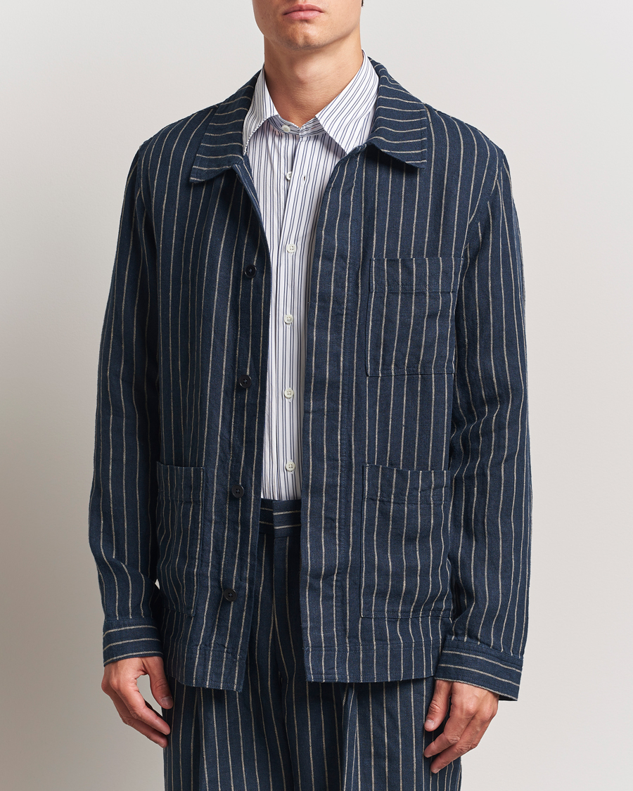 Herre | Skjorter | NN07 | Olav Linen Pinstriped Overshirt Navy Blue
