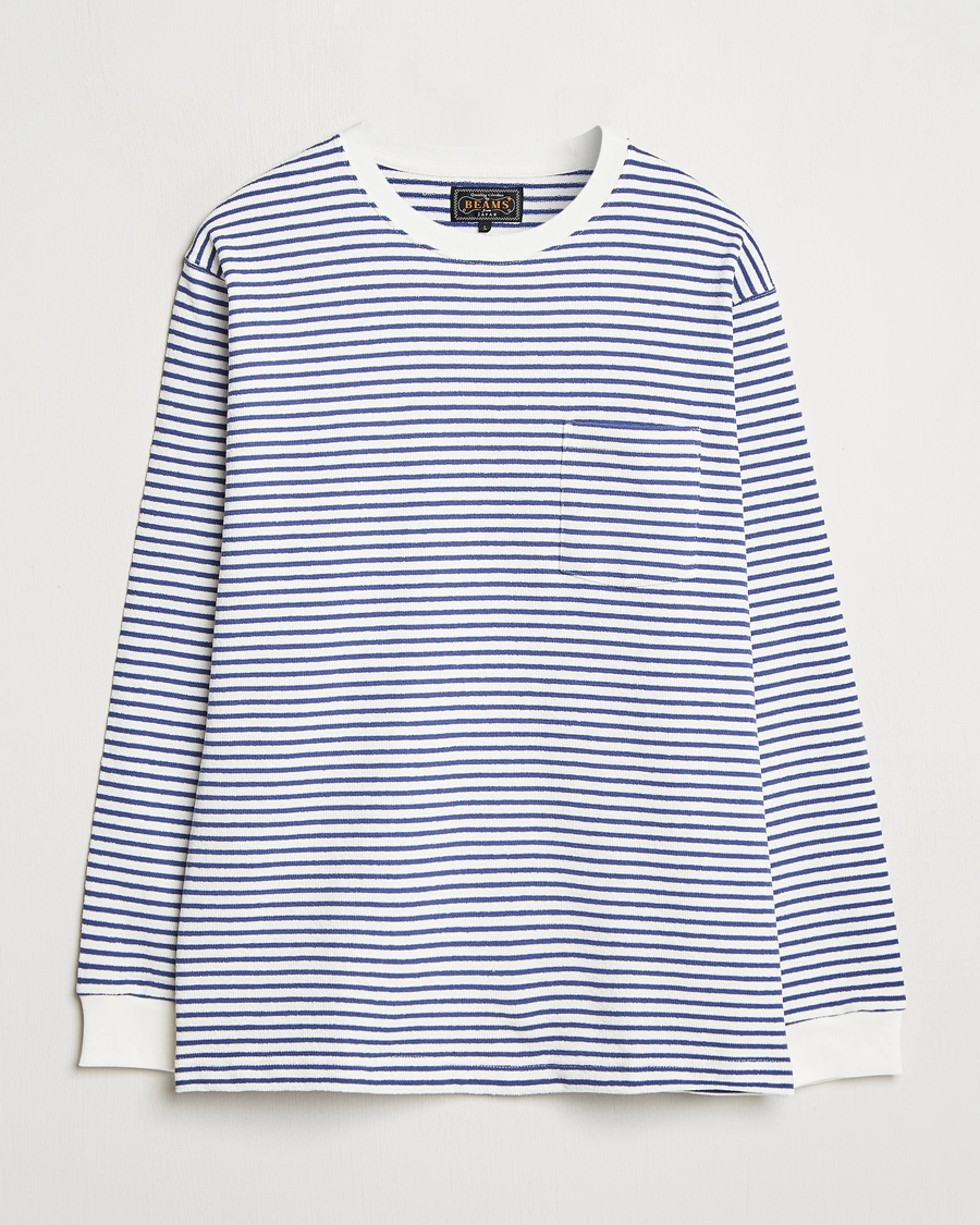 Herre | T-Shirts | BEAMS PLUS | Long Sleeve Striped Pocket T-Shirt White/Blue