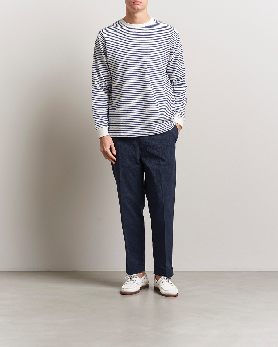 Herre | T-Shirts | BEAMS PLUS | Long Sleeve Striped Pocket T-Shirt White/Blue