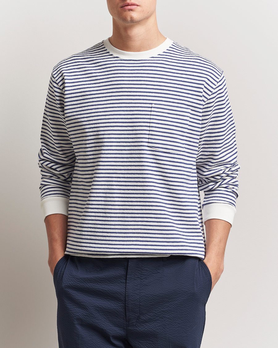 Herre | T-Shirts | BEAMS PLUS | Long Sleeve Striped Pocket T-Shirt White/Blue