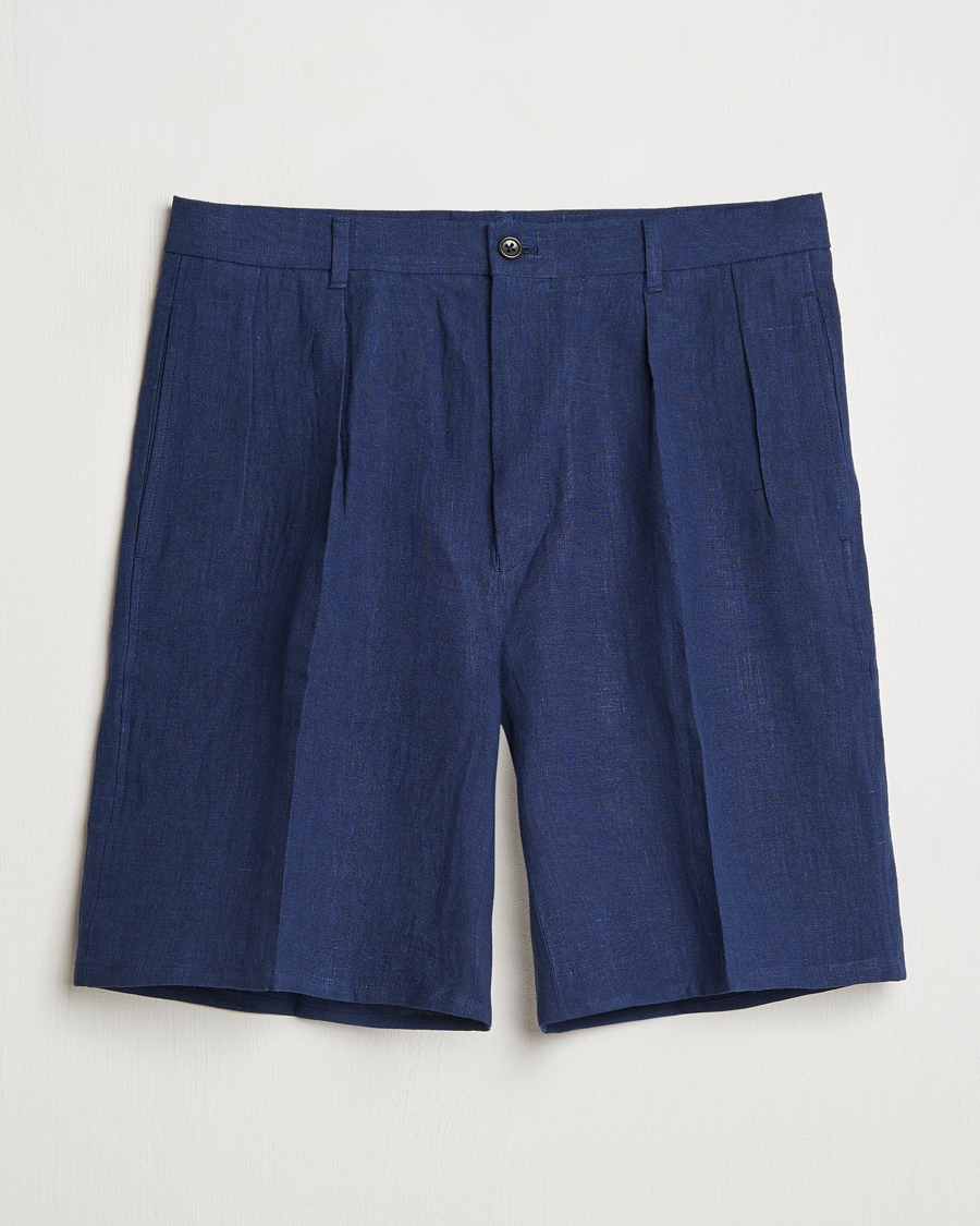 Herre | Shorts | Kamakura Shirts | Pleated Linen Shorts Navy