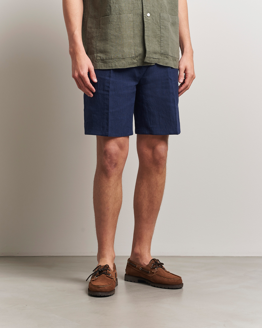 Herre | Shorts | Kamakura Shirts | Pleated Linen Shorts Navy