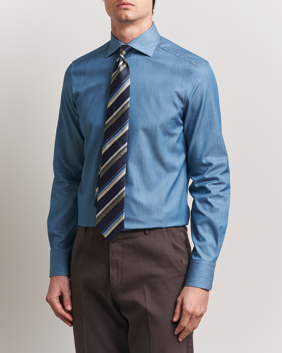 Herre | Skjorter | Stenströms | 1899 Slim Twofold Cotton Denim Shirt Mid Blue