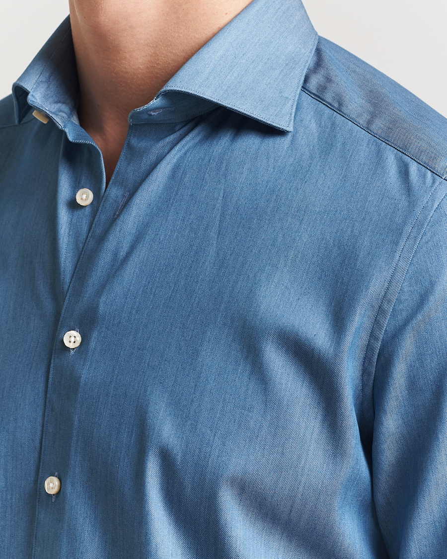 Herre | Skjorter | Stenströms | 1899 Slim Twofold Cotton Denim Shirt Mid Blue