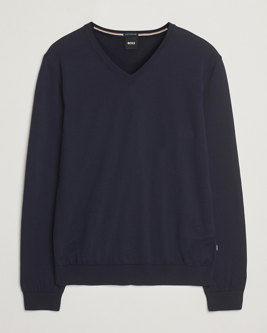 Herre | Gensere | BOSS BLACK | Melba Wool V-Neck Pullover Dark Blue
